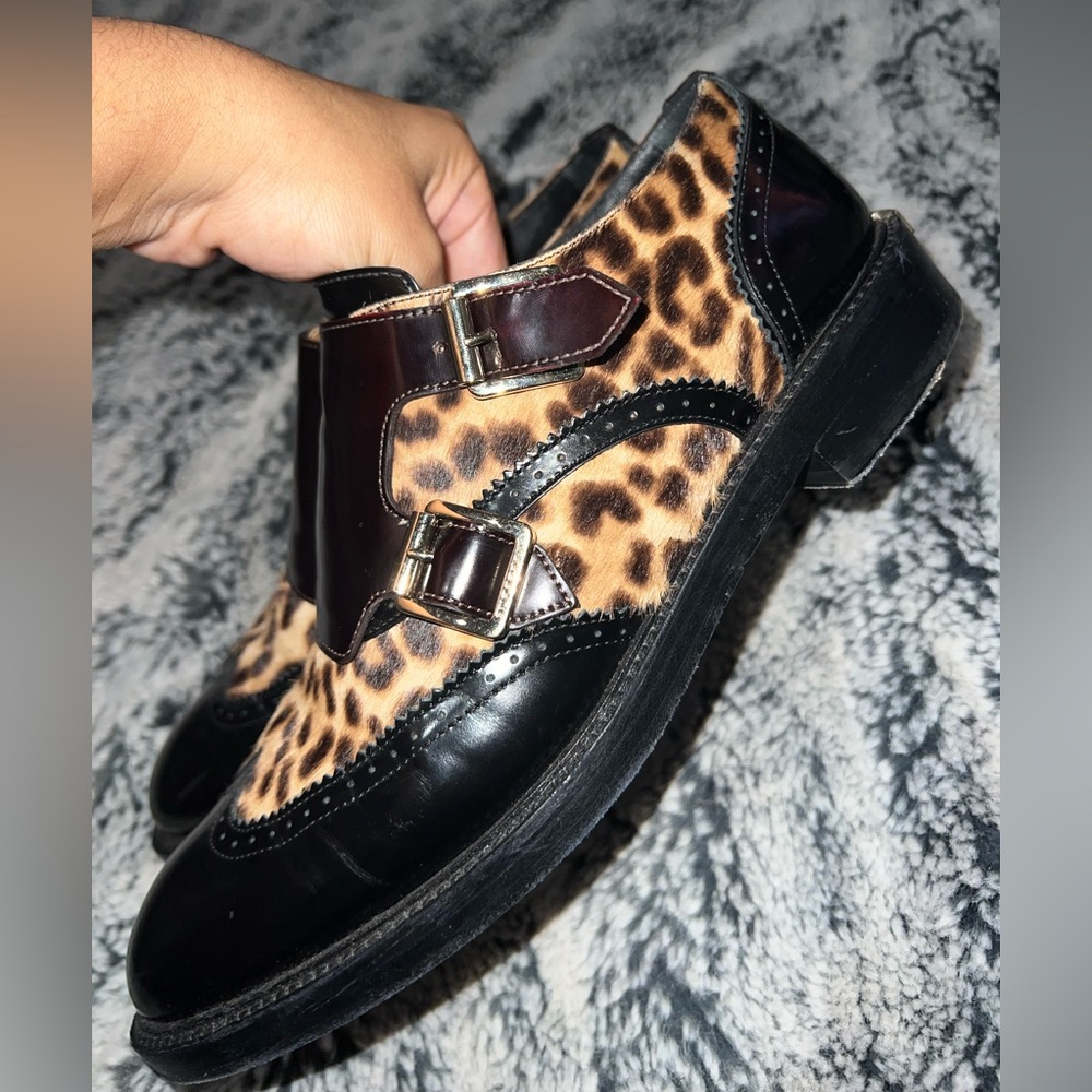 Burberry Leather And Animal Print Calfskin Wingtip Shoes